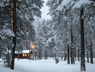 Beautiful winter landscape with large country house