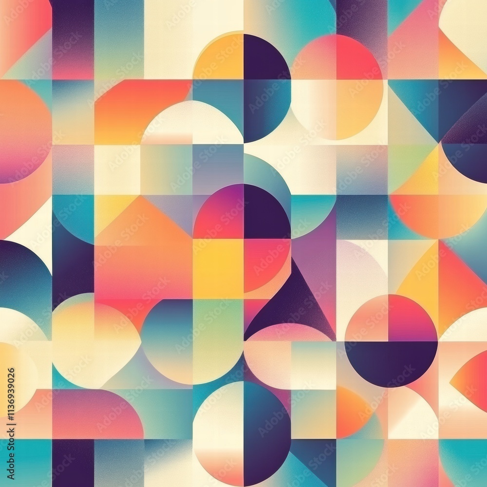 Poster colorful circles and geometric shapes intertwine in a seamless pattern, showcasing an artistic fusio