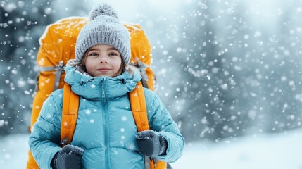A bundled-up child, adorned in a blue winter coat and gray beanie, carries a large orange backpack through a snowy terrain, symbolizing exploration and wonder.