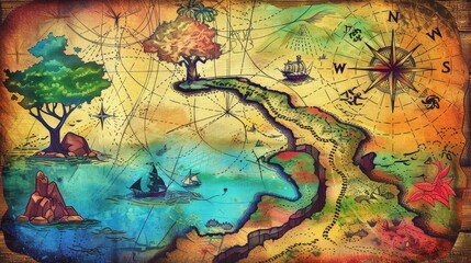 Fototapeta premium Vibrant artistic treasure map featuring a route, tree, and water with an antique aesthetic