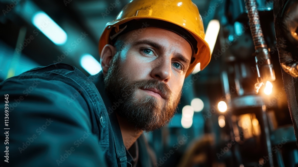 Poster an engineer in a factory is shown engaged in work with complex machinery, wearing protective gear, h