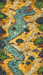 Fototapeta premium Intricate illustration of an ancient treasure map with trees and water in a vibrant landscape design