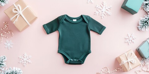 Dark green Baby onesie on pink Winter Holiday Festive Background. Fashion newborn clothes. Flat, top view. Baby kids soft organic cotton clothing. Infant trendy bodysuit product promo. Gender neutral