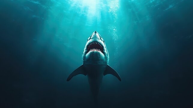 A powerful great white shark rises vertically from the deep ocean, its wide open jaws revealing sharp teeth, embodying wild beauty and primal marine fear.
