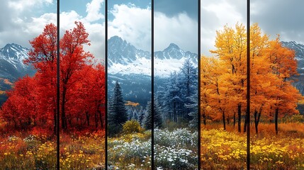Four seasons changing from autumn to winter in high altitude mountain landscape