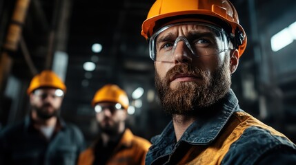An intense, bearded man wearing a helmet and protective glasses stands out in focus against a blurred background, highlighting his steely determination and focus.