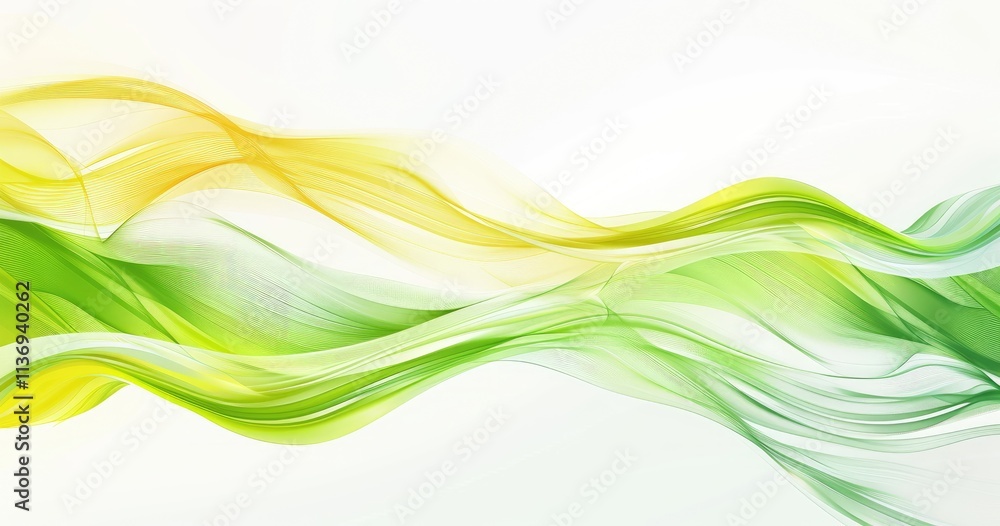 Poster abstract wavy lines in green and yellow tones create a serene and modern visual effect.