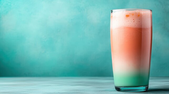 This creatively presented shake features distinctively foamy layers in a tall glass, presenting a fusion of colors against a bright, contemporary turquoise backdrop.