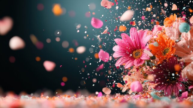 A lively portrayal of pink and orange flowers exploding into a colorful burst, an artistic rendition that represents joy, freedom, and moving creative expression.