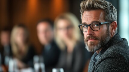 A professional dressed man with glasses sits attentively in a business meeting, while others are blurred in the background. The mood is serious and focused.
