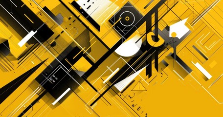 Obraz premium Abstract geometric design featuring bold yellow and black shapes and lines.