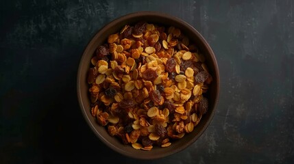 Fototapeta premium Overhead view of homemade granola with raisins and almonds perfect for recipe showcasing