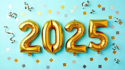 Golden 2025 Balloon Numbers with Confetti on Blue Background  
