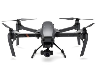 Naklejka premium A black drone with four propellers and a camera mounted on the front