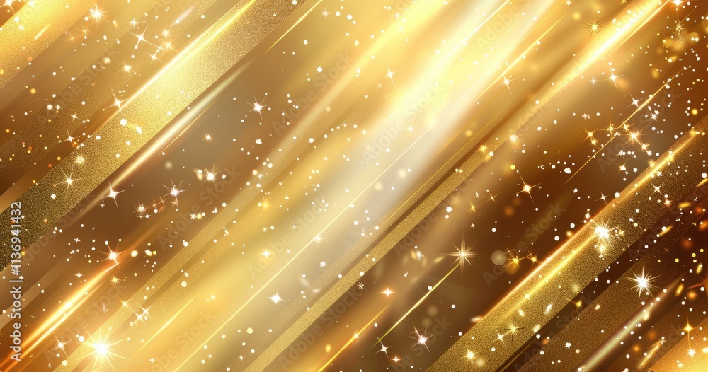 Poster a shimmering gold and white abstract background with diagonal lines and sparkling effects.