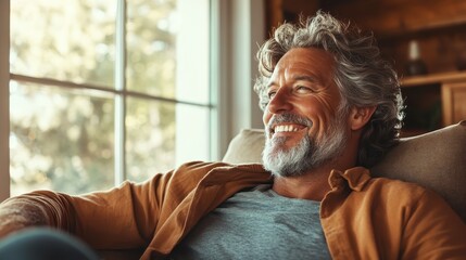 A content older man with a gray beard relaxes on a couch, smiling broadly, while natural sunlight filters through a window, creating a serene atmosphere.