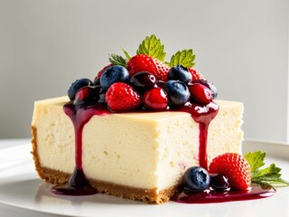 Indulging in creamy vanilla cheesecake adorned with a vibrant mixed berry compote and fresh berry sauce under soft natural lighting