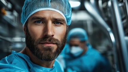 A confident man wears blue medical scrubs, exuding calm professionalism in a busy hospital setting, symbolizing dedication and care in the healthcare field.