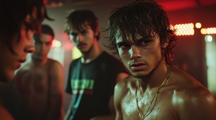 A serious-looking young man stands with friends in a dimly lit environment, creating an atmosphere filled with intensity and dramatic focus.