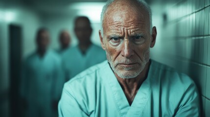 Obraz premium A close-up of a serious elderly man in scrubs, standing in a dimly lit corridor, conveying a sense of resolve and deep contemplation amidst shadowed surroundings.