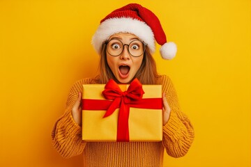 Xmas ad campaign conceptual art illustration for media and social platforms use. Adult human woman amazed in a red xmas hat, with wrapped box. Santa claus advertising. Santa workshop scene.