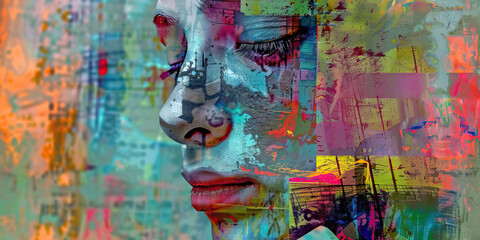 Fototapeta premium Abstract Portrait with Layered Brushstrokes and Fragmentary Shapes