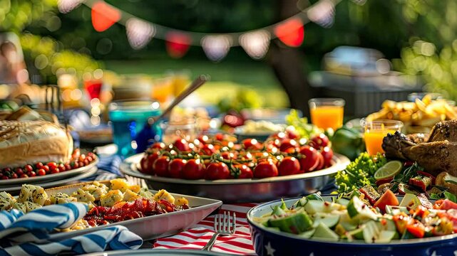 Food outside on tables in the garden. Selective focus. nature.