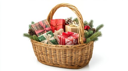 Christmas Basket Filled with Gifts and Decorations
