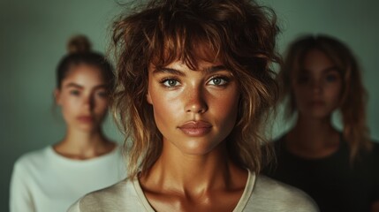 Obraz premium An expressive portrait of a woman with wavy brown hair and intense gaze, highlighting both emotional depth and natural beauty in an artistic, moody setting.
