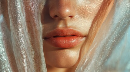 A soft and artistic close-up captures a woman's lips behind a shimmering sheer fabric, highlighting delicate beauty and mystery in a dreamy, atmospheric composition.