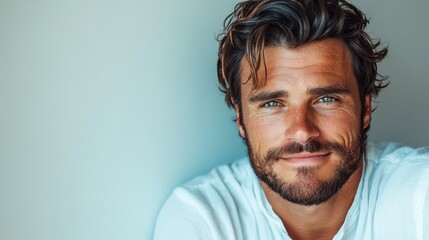 A closeup portrait of a man with striking blue eyes and a beard. His confident expression and casual white shirt create an appealing, approachable image.