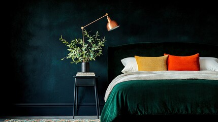   A green velvet headboard with two orange pillows and a lamp on top of it