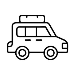 road trip car icon, summer holiday line art, holiday icon - simple black line art icon of road trip car, for summer holiday celebrations. holiday vector art.