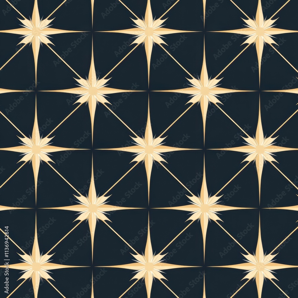 Poster intricate star motifs radiate across a rich navy backdrop, creating a sophisticated and elegant seam