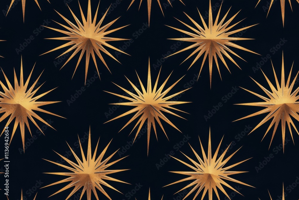 Poster golden starbursts create a stunning pattern against a rich black backdrop, adding a touch of glamour