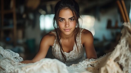 A creative woman with intent eyes works with delicate lace fabric, suggesting an atmosphere of focus, inspiration, and artistic craftsmanship in warm lighting.