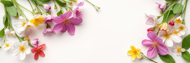 Fototapeta premium Colorful spring flowers arranged on a delicate paper background, beauty, garden