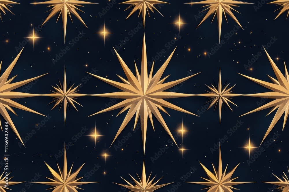 Poster a mesmerizing seamless pattern features golden starbursts radiating from a deep blue background, cre