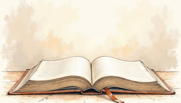 Hand-drawn open book mockup with bookmark, soft vintage tones