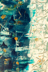 Vibrant layers of blue, white, and gold acrylic paint applied with a knife for a dynamic abstract composition.