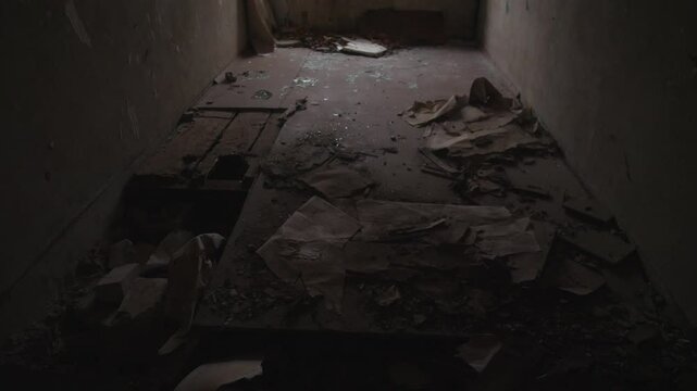 A dimly lit, abandoned hallway that is covered in debris and remnants from a once vibrant past activity