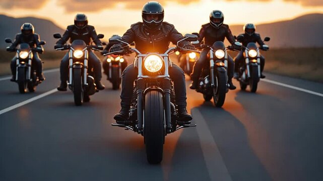 Chopper motorcycle group ride, capturing a group of chopper riders cruising together in formation on a long, open highway