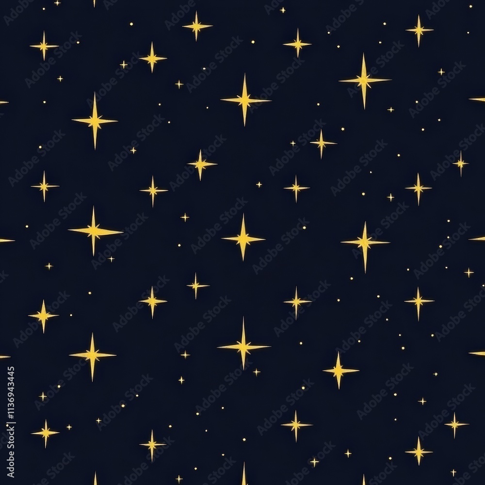 Poster golden stars shimmer brilliantly on a dark navy canvas, forming a captivating and whimsical seamless