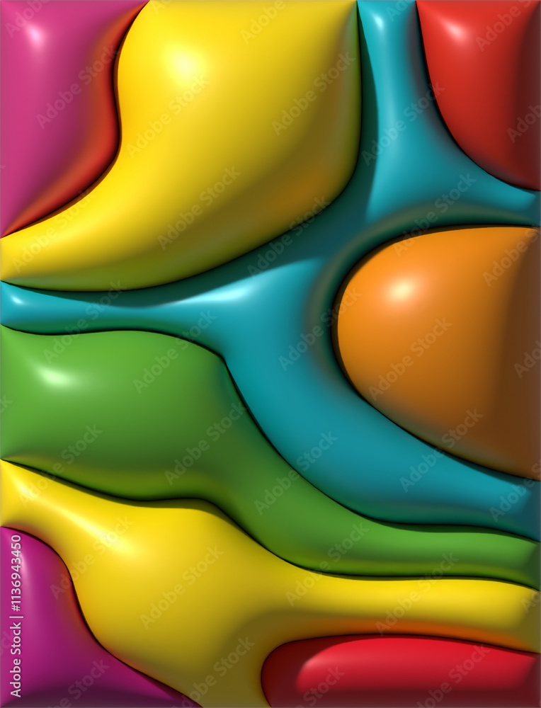 Aufkleber multicolored wavy inflated figures with smooth shiny surface, 3d rendering illustration