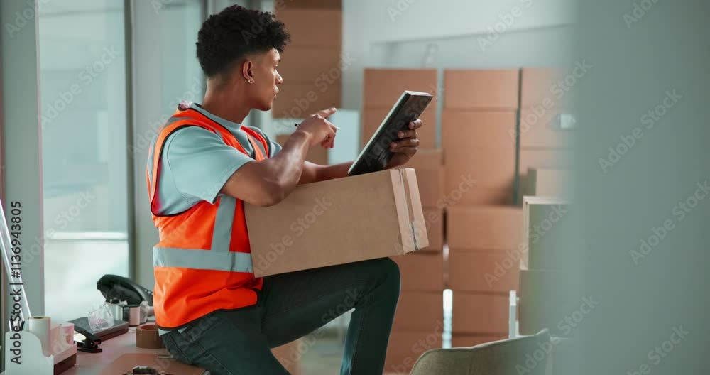 Poster counting, boxes and man in logistics with tablet for inspection, warehouse and stock distribution. s
