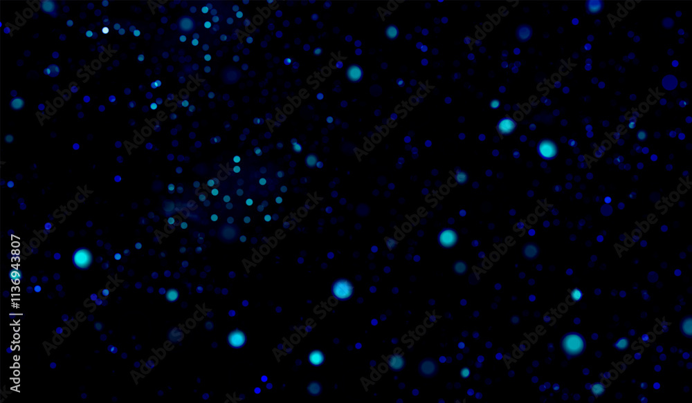 Poster vector illustration with bokeh particles on a dark background. bright blue and blue glowing dots cre