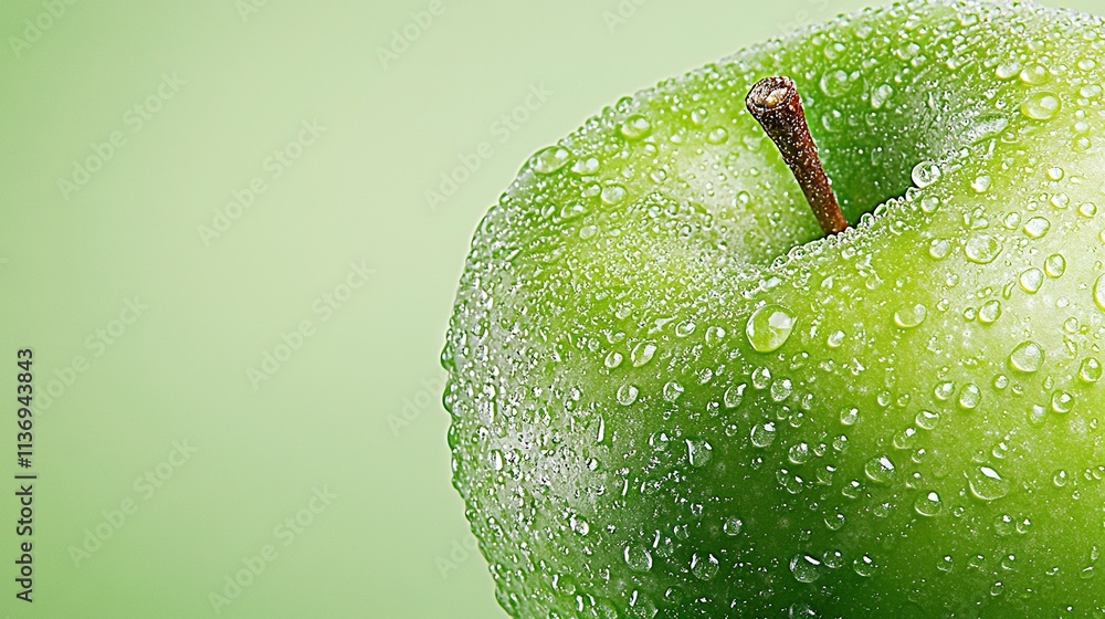 Poster a close-up of a green apple with droplets of water on both its outer and inner surfaces