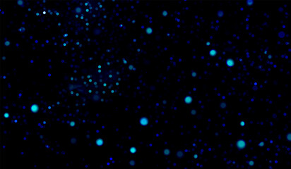Vector illustration with bokeh particles on a dark background. Bright blue and blue glowing dots create an atmosphere of depth and mysticism. Bokeh elements are scattered chaotically, adding dynamics