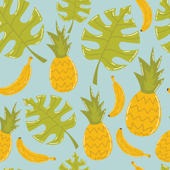 Cute cartoon tropical seamless pattern with pineapple, banana and Monstera leaves. Summer vacation background.