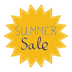 Summer sale badge with hand drawn  lettering and yellow sun-shaped frame. Vacation sale sticker.